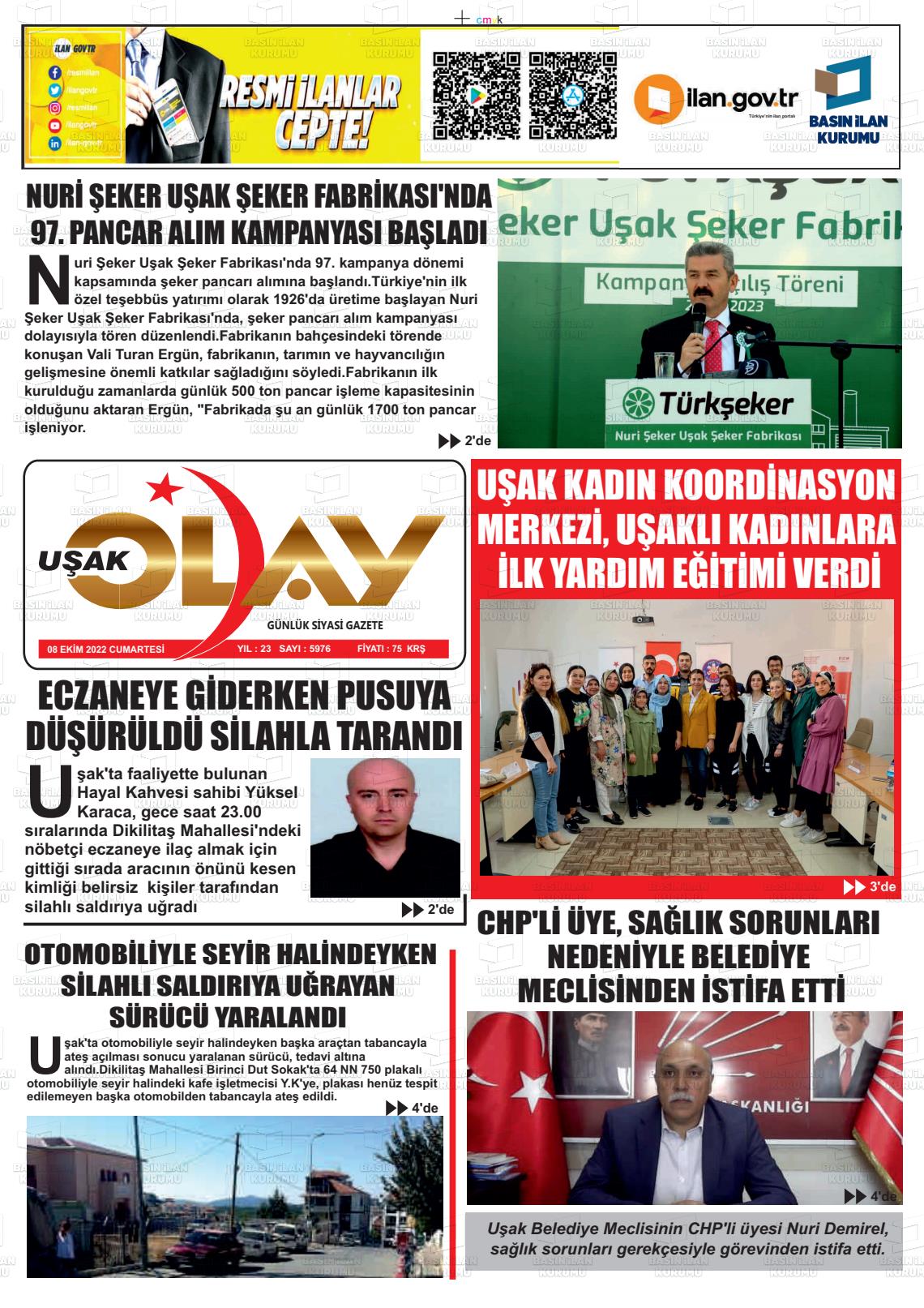 08 Ekim 2022 Uşak Olay Gazete Manşeti