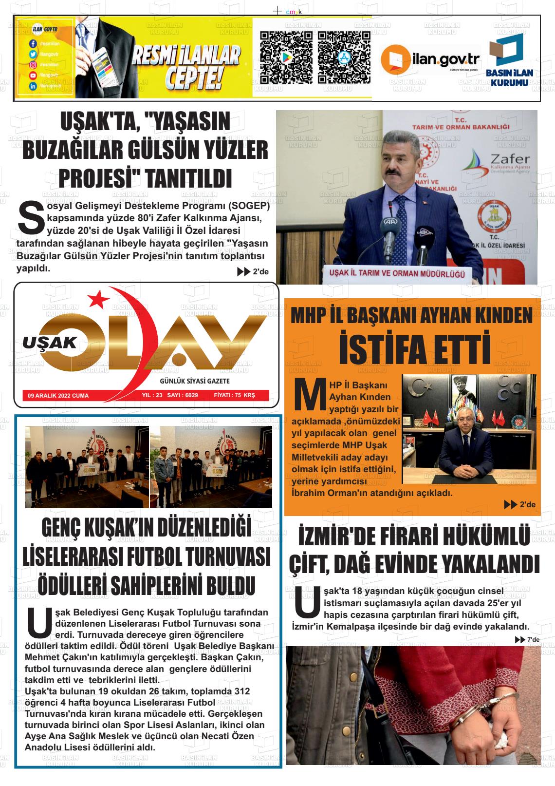 09 Aralık 2022 Uşak Olay Gazete Manşeti