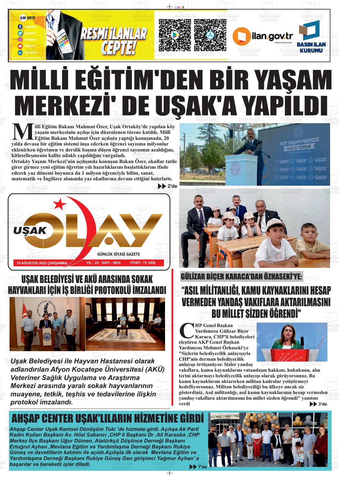 10 Ağustos 2022 Uşak Olay Gazete Manşeti