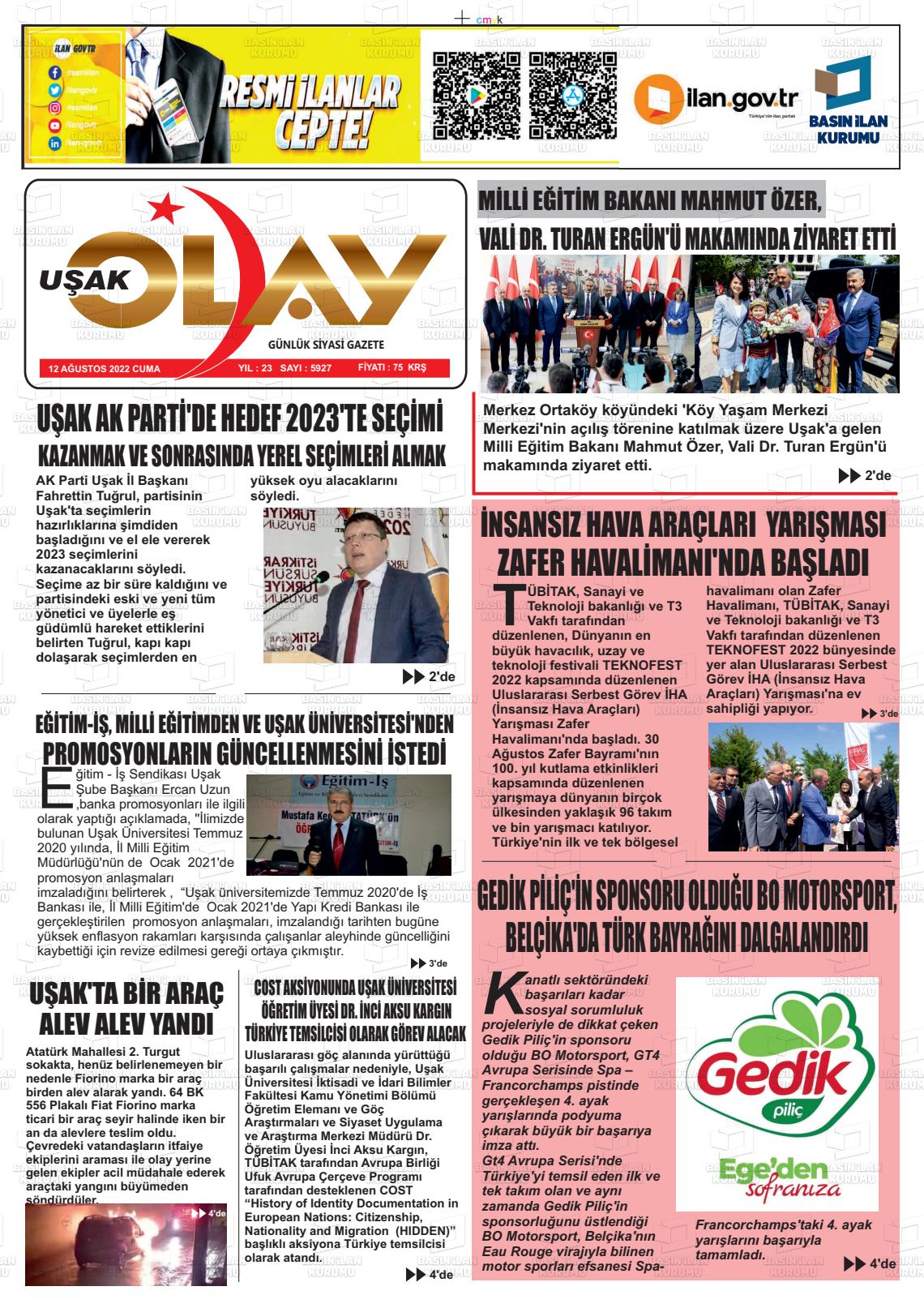 12 Ağustos 2022 Uşak Olay Gazete Manşeti