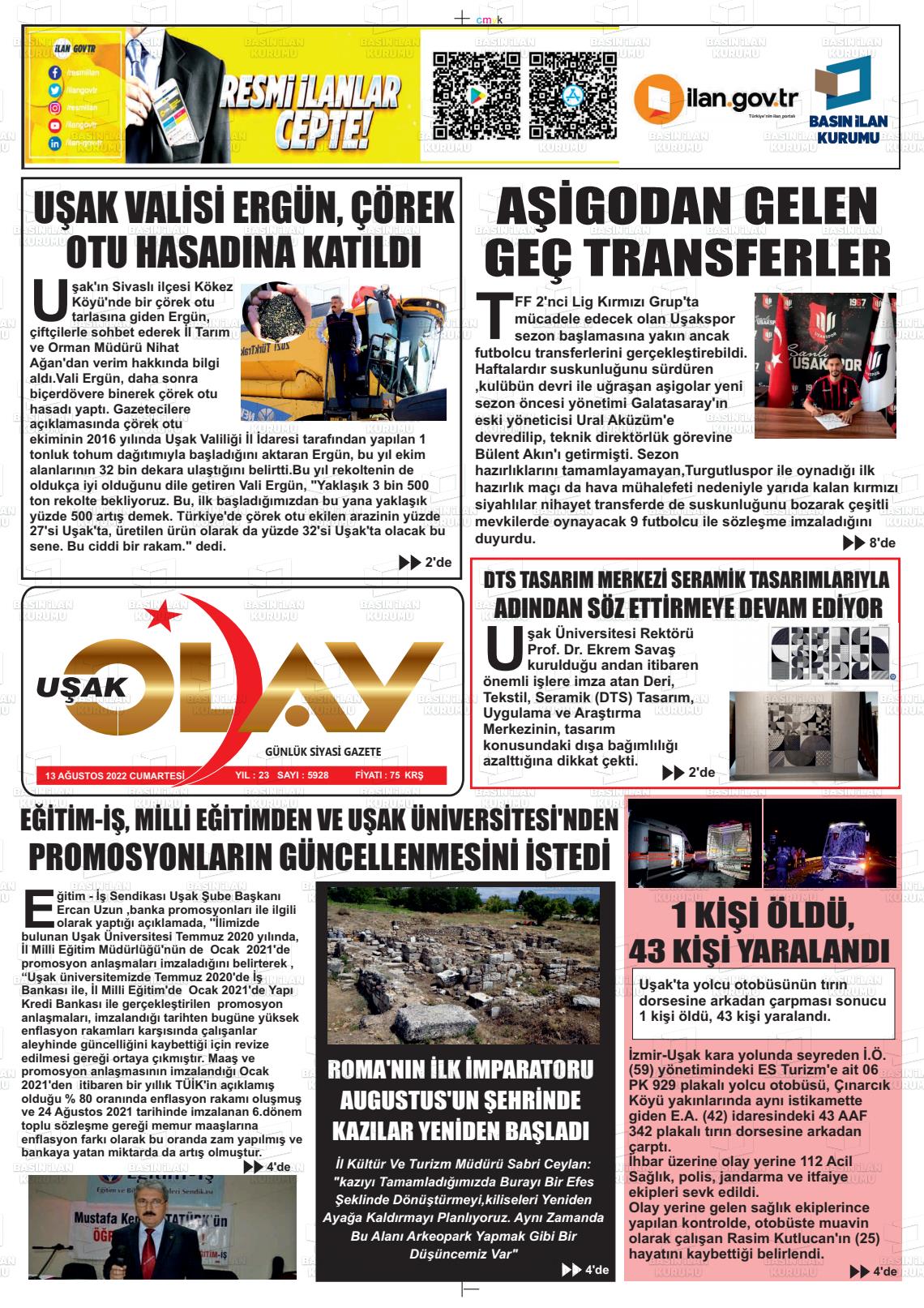 13 Ağustos 2022 Uşak Olay Gazete Manşeti