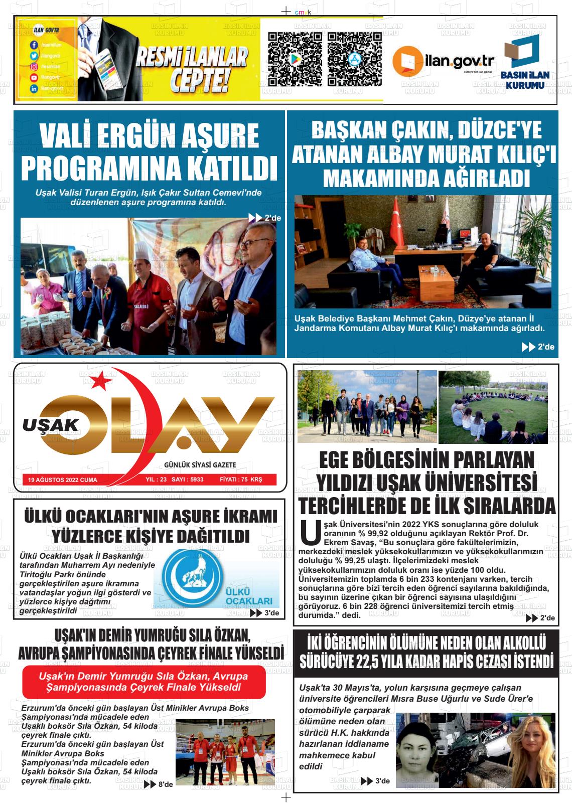 19 Ağustos 2022 Uşak Olay Gazete Manşeti
