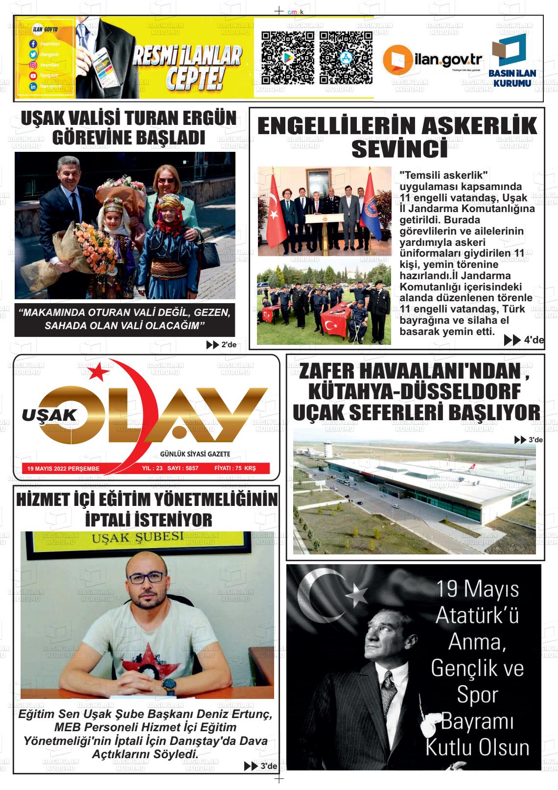 19 Mayıs 2022 Uşak Olay Gazete Manşeti