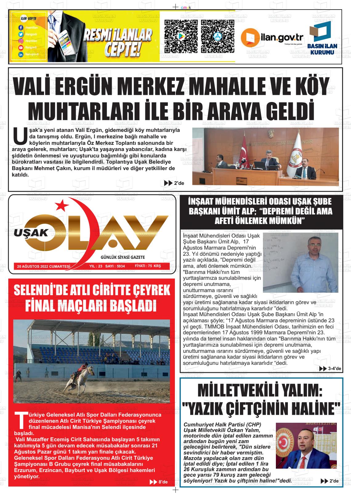 20 Ağustos 2022 Uşak Olay Gazete Manşeti
