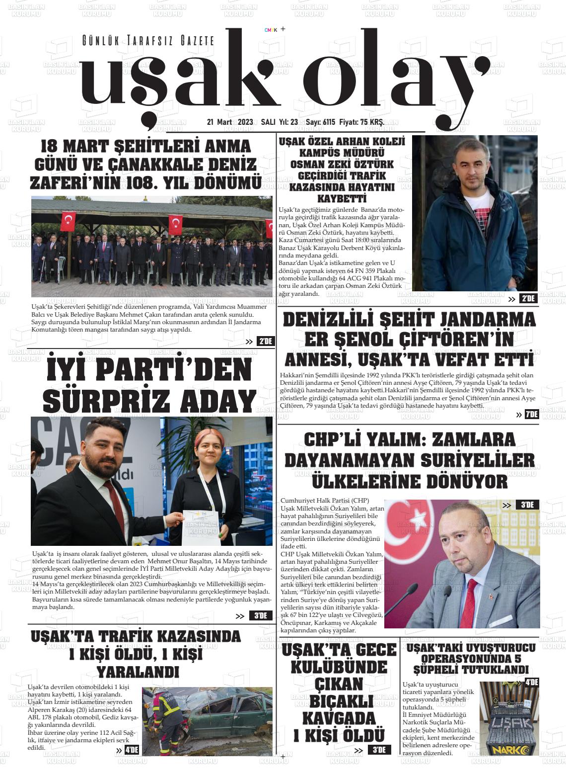 21 Mart 2023 Uşak Olay Gazete Manşeti