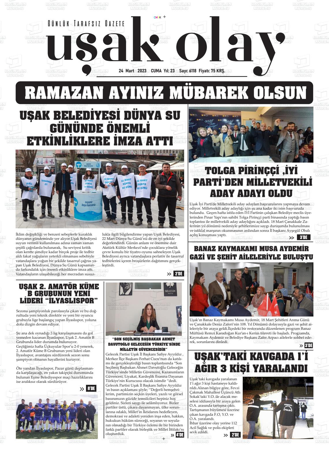 24 Mart 2023 Uşak Olay Gazete Manşeti
