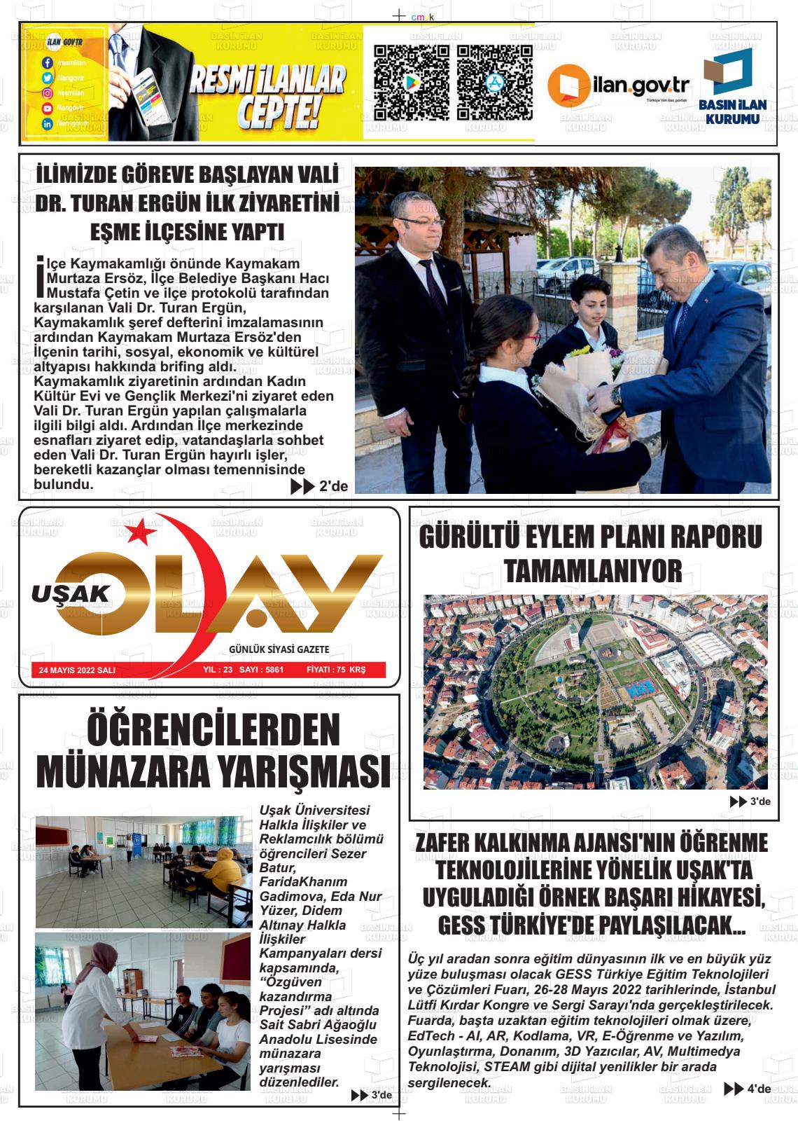 24 Mayıs 2022 Uşak Olay Gazete Manşeti