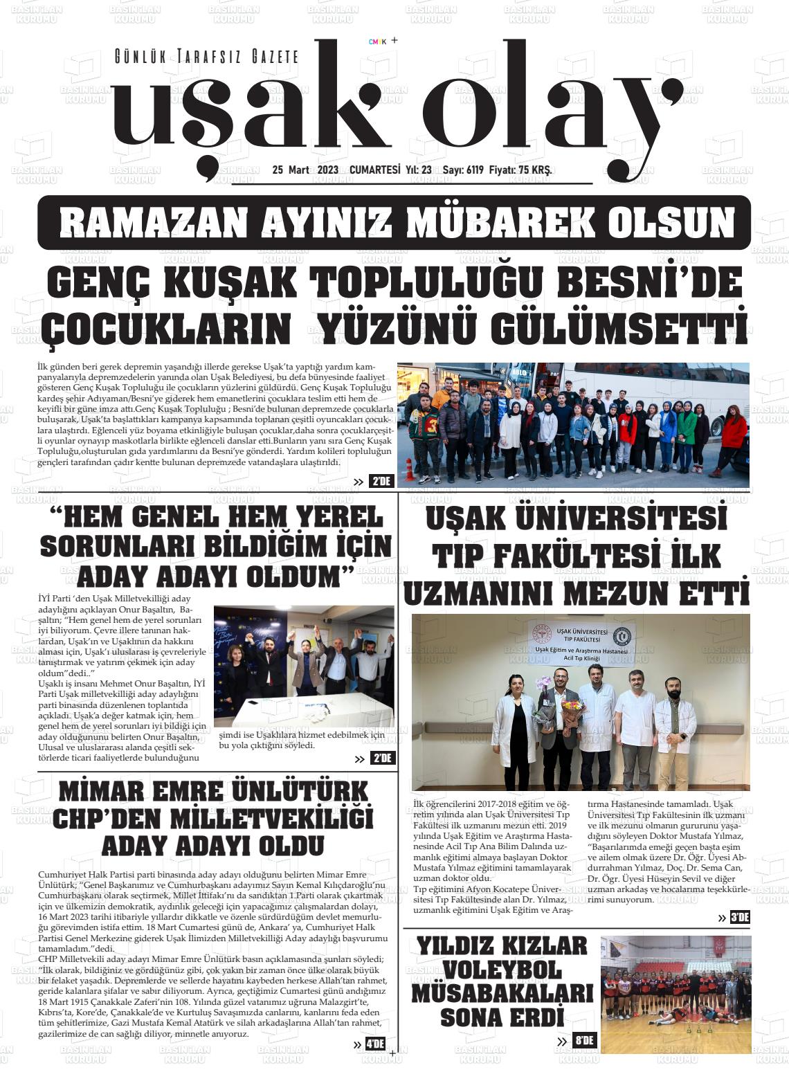 25 Mart 2023 Uşak Olay Gazete Manşeti