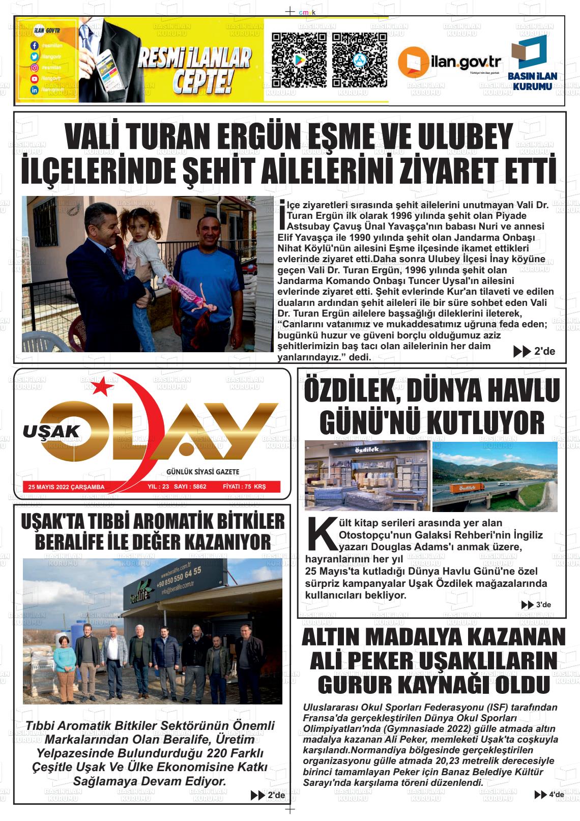 25 Mayıs 2022 Uşak Olay Gazete Manşeti