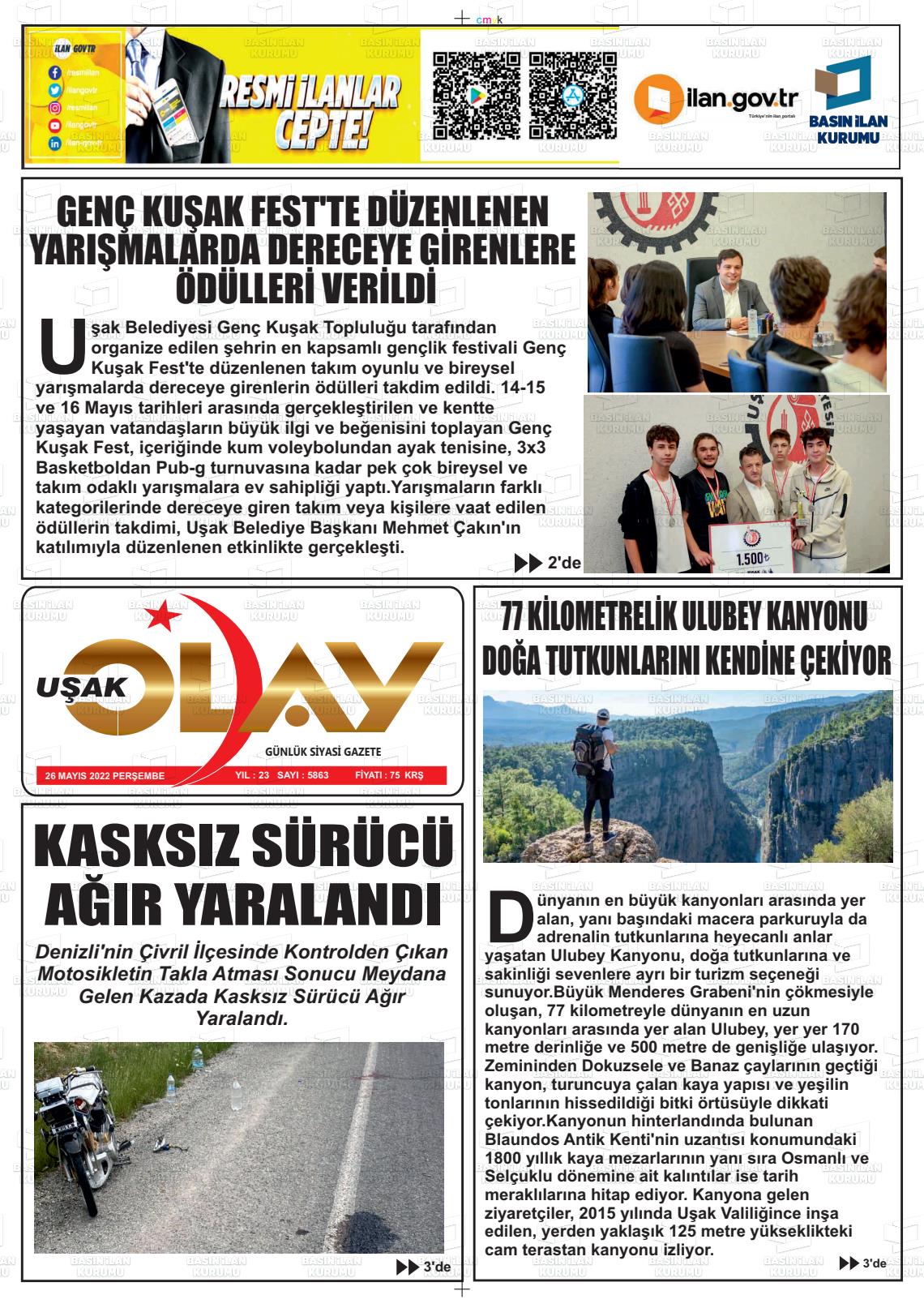 26 Mayıs 2022 Uşak Olay Gazete Manşeti