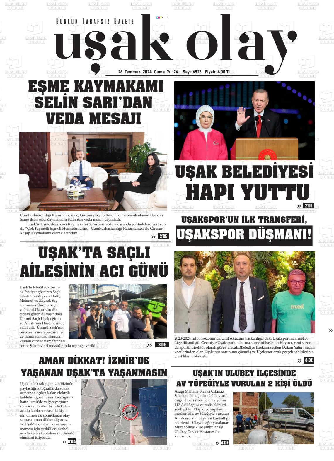 26 Temmuz 2024 Uşak Olay Gazete Manşeti