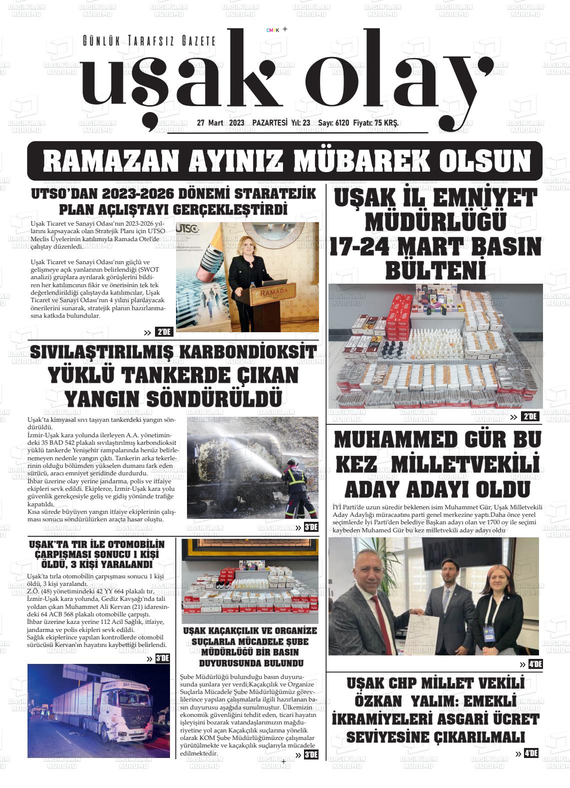 27 Mart 2023 Uşak Olay Gazete Manşeti