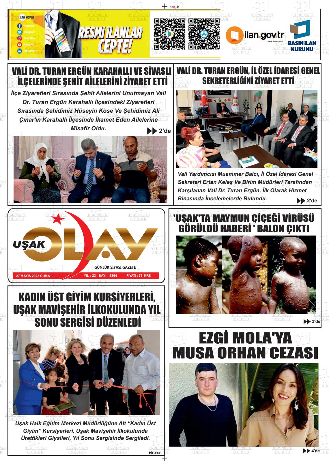27 Mayıs 2022 Uşak Olay Gazete Manşeti