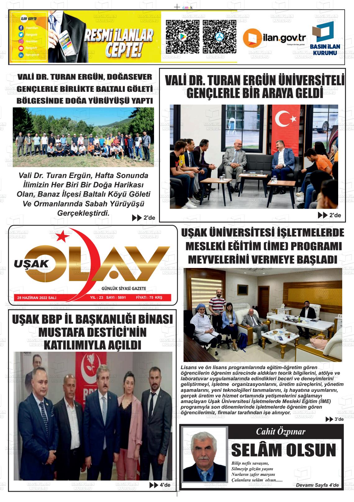 28 Haziran 2022 Uşak Olay Gazete Manşeti