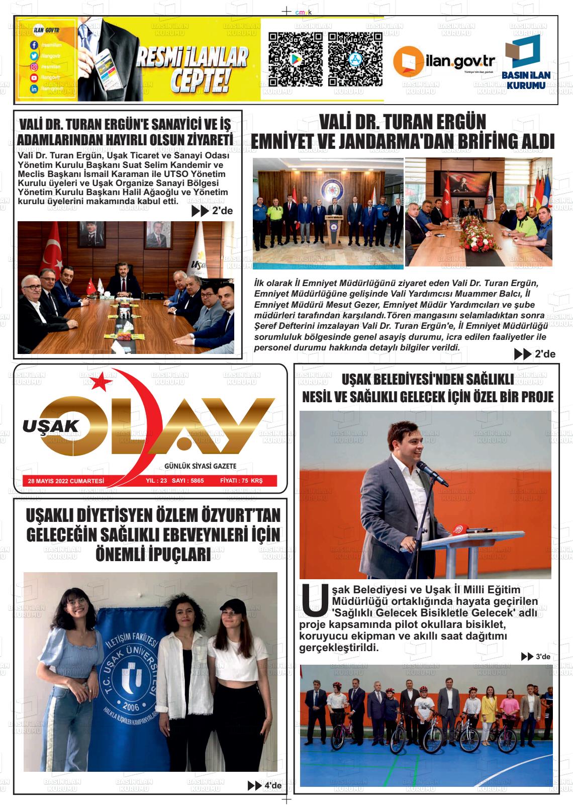 28 Mayıs 2022 Uşak Olay Gazete Manşeti
