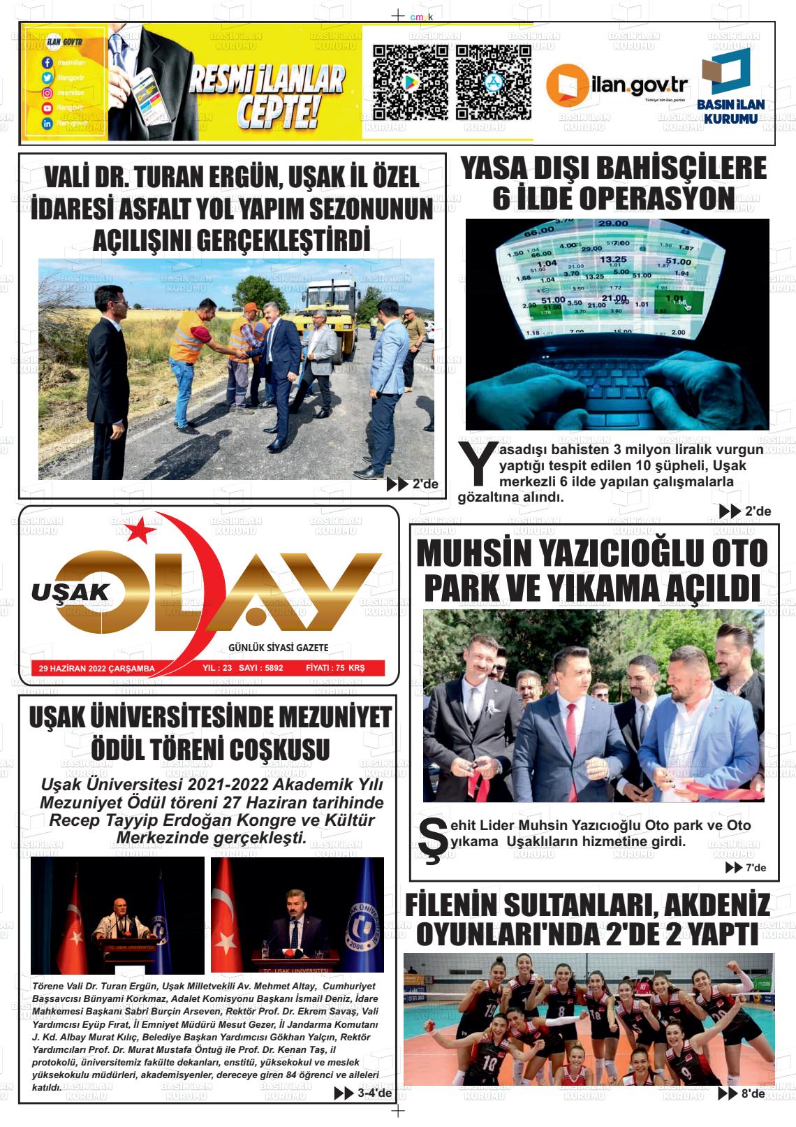 29 Haziran 2022 Uşak Olay Gazete Manşeti