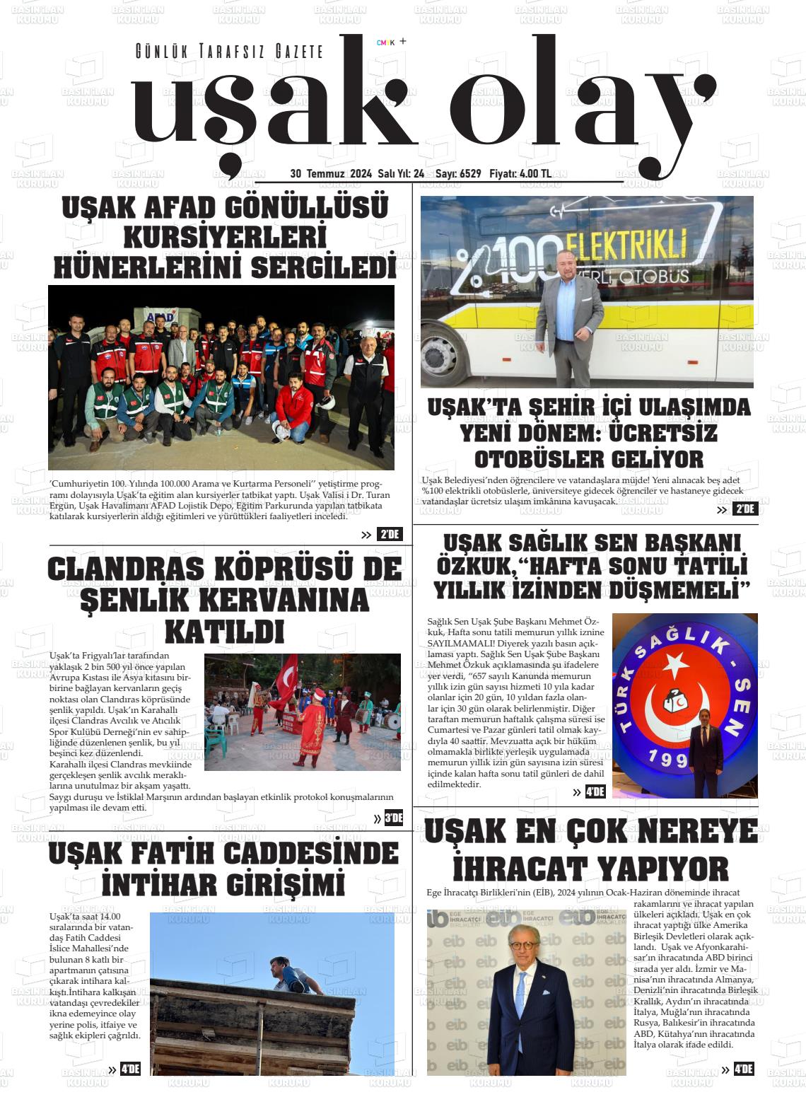 30 Temmuz 2024 Uşak Olay Gazete Manşeti