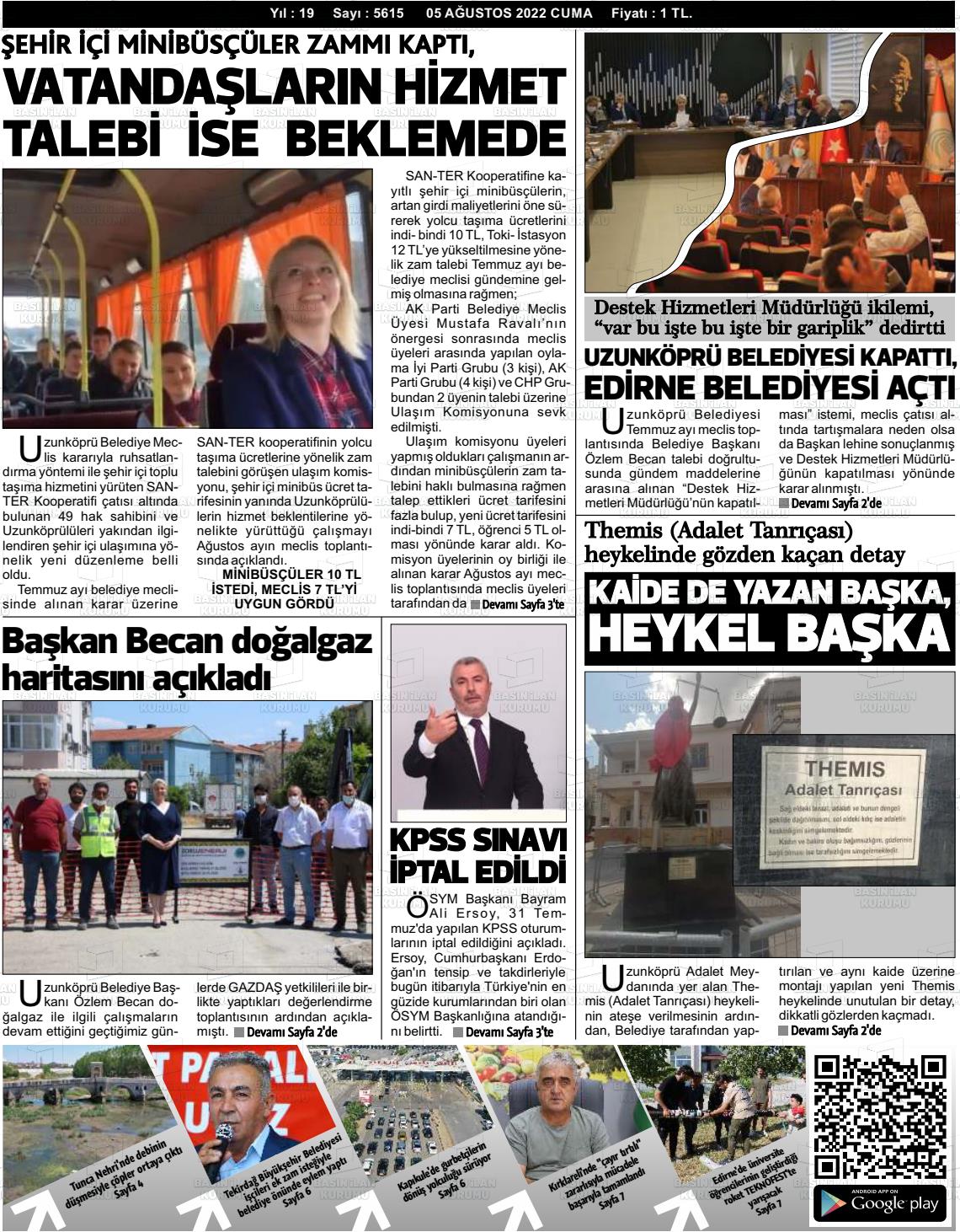 05 Ağustos 2022 Uzunköprü Gazete Manşeti