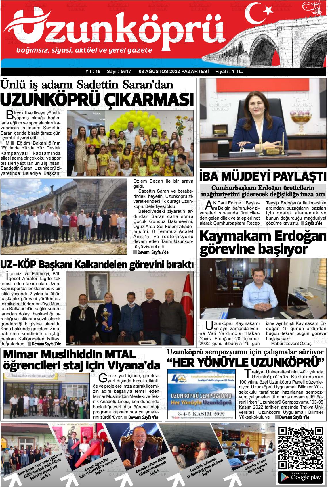 08 Ağustos 2022 Uzunköprü Gazete Manşeti