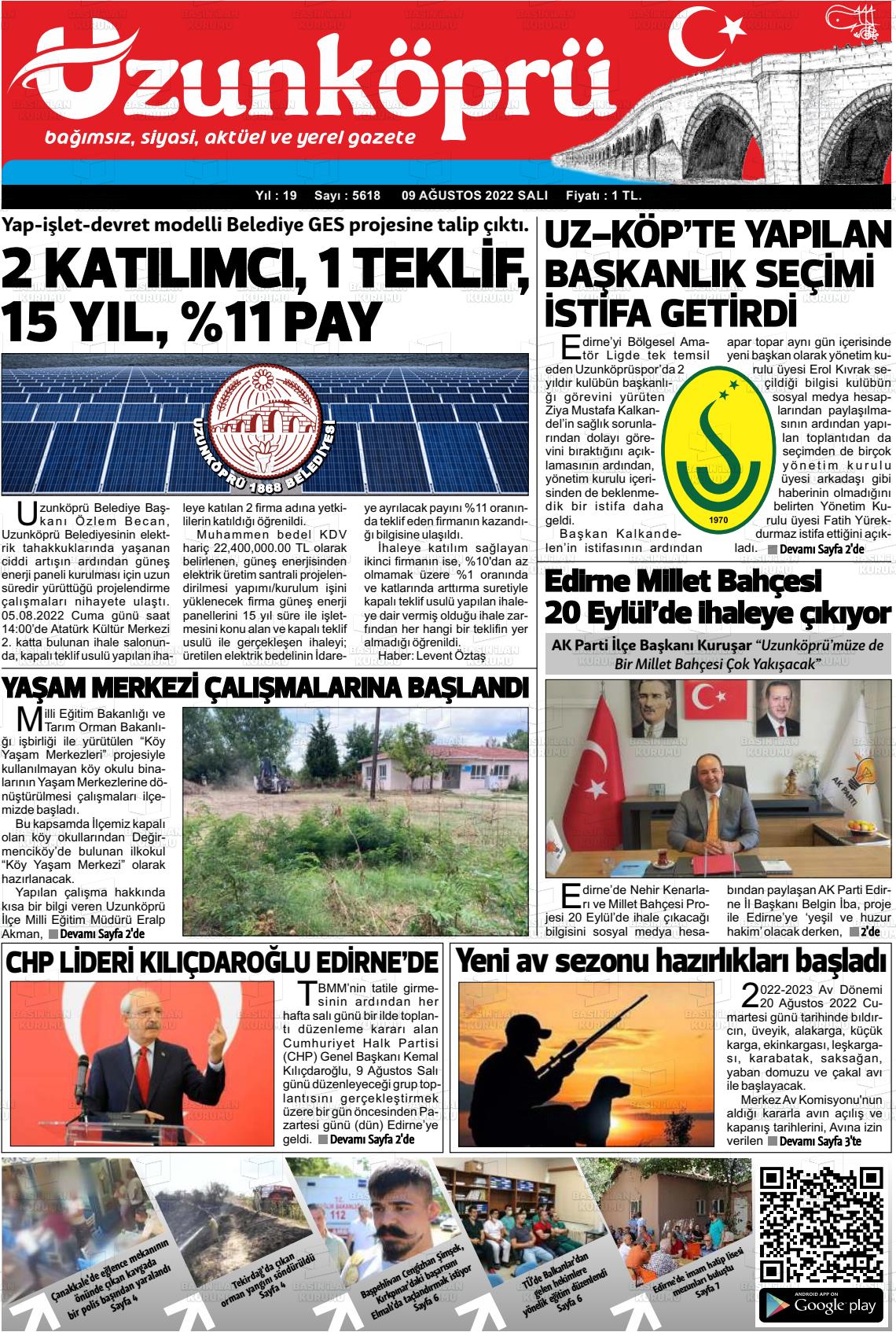 09 Ağustos 2022 Uzunköprü Gazete Manşeti