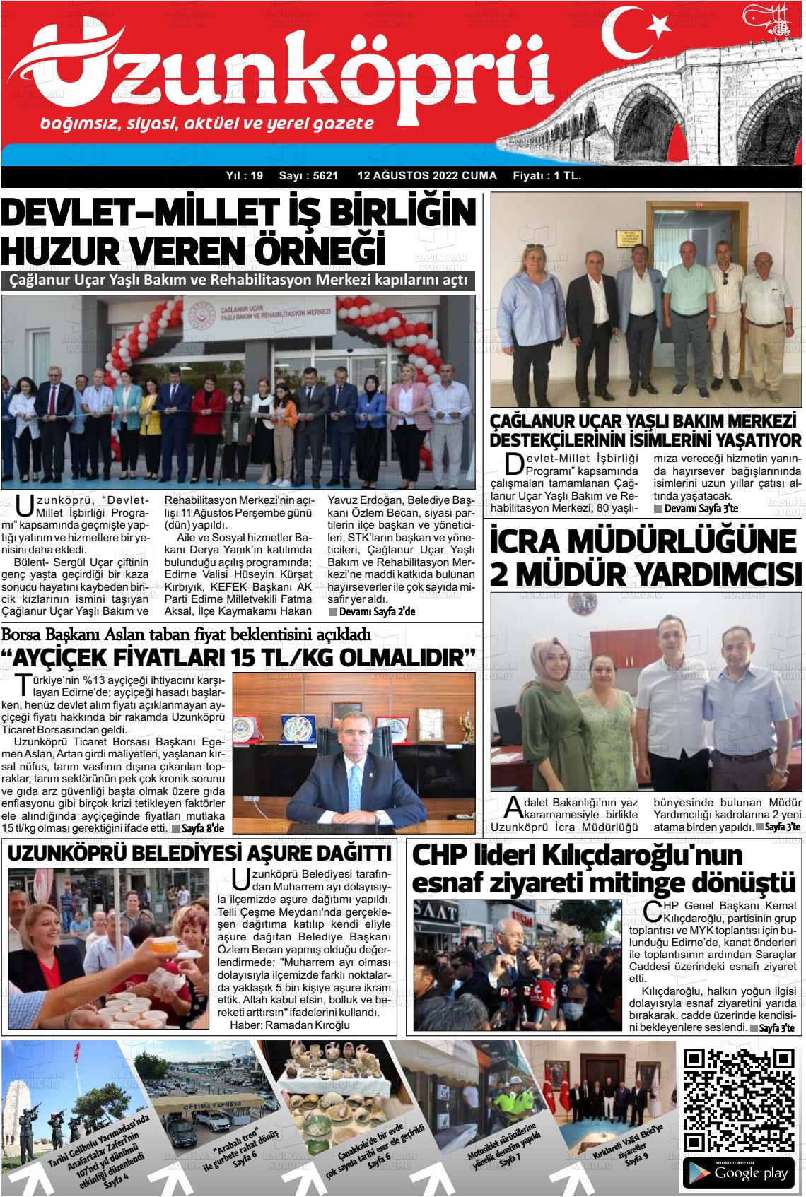 12 Ağustos 2022 Uzunköprü Gazete Manşeti