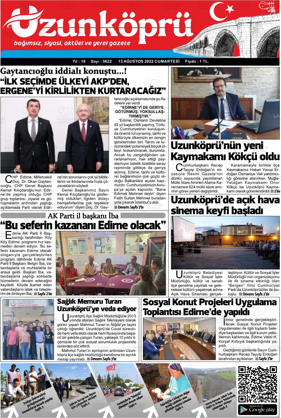 13 Ağustos 2022 Uzunköprü Gazete Manşeti