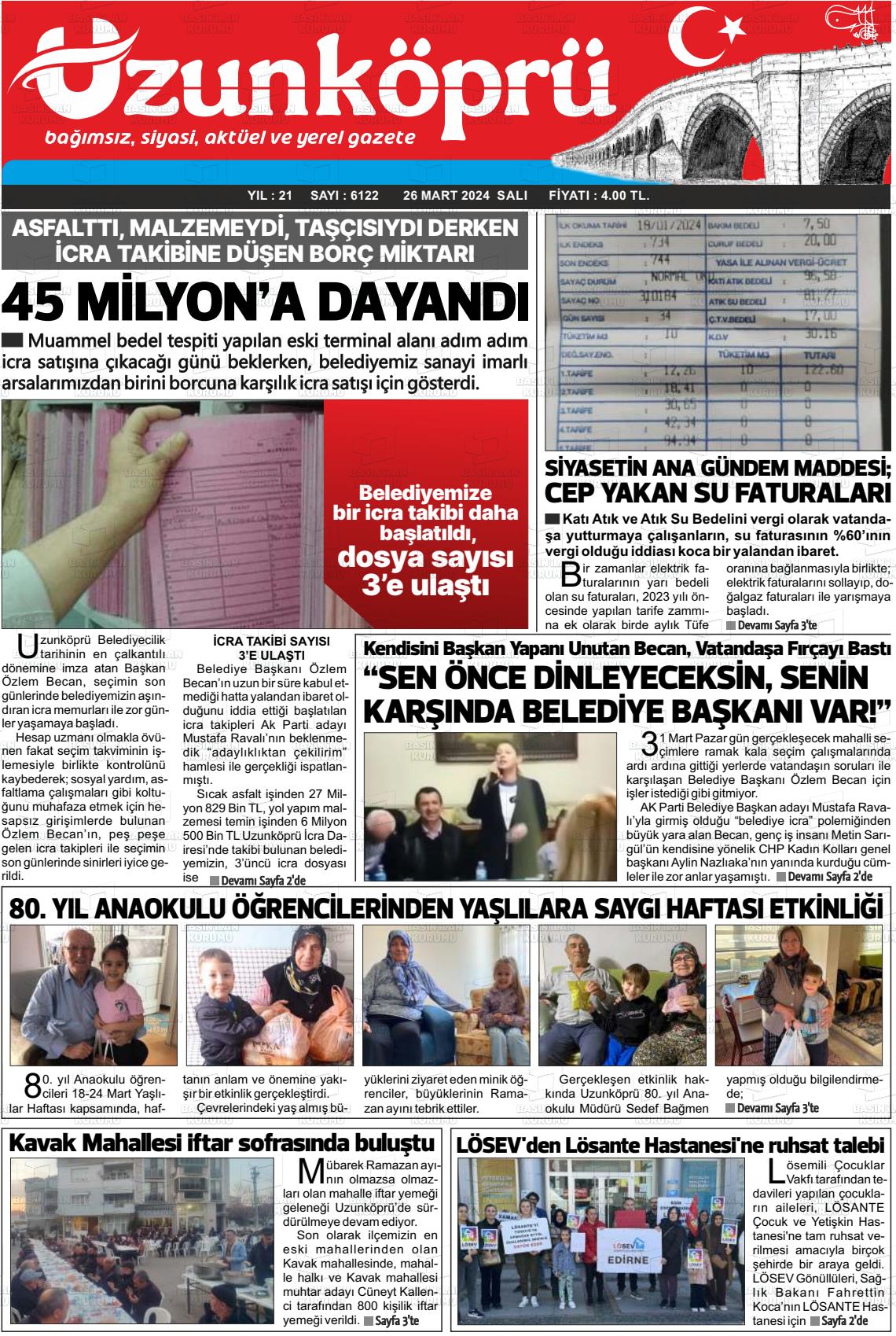 26 Mart 2024 Uzunköprü Gazete Manşeti