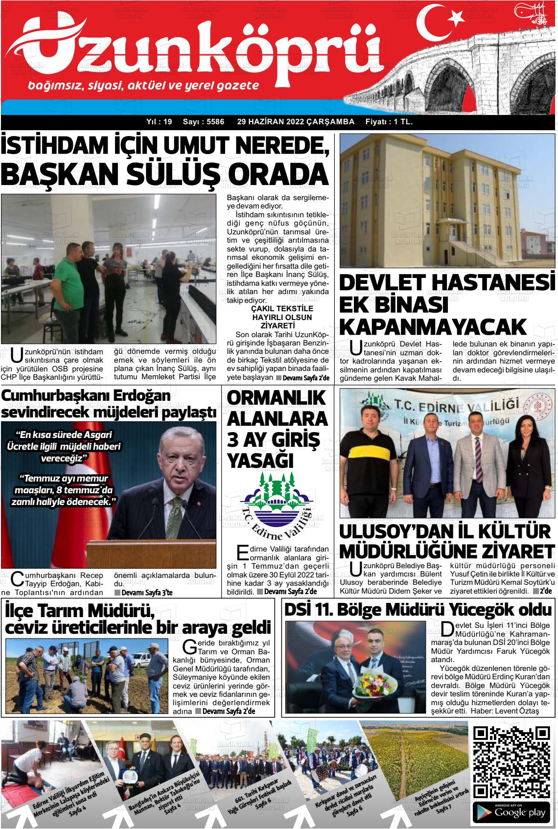 29 Haziran 2022 Uzunköprü Gazete Manşeti