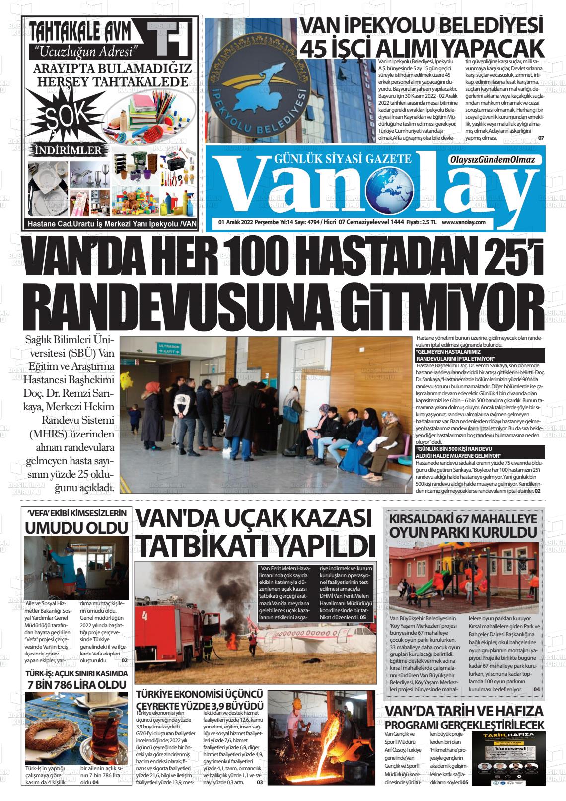 01 Aralık 2022 Van Olay Gazete Manşeti