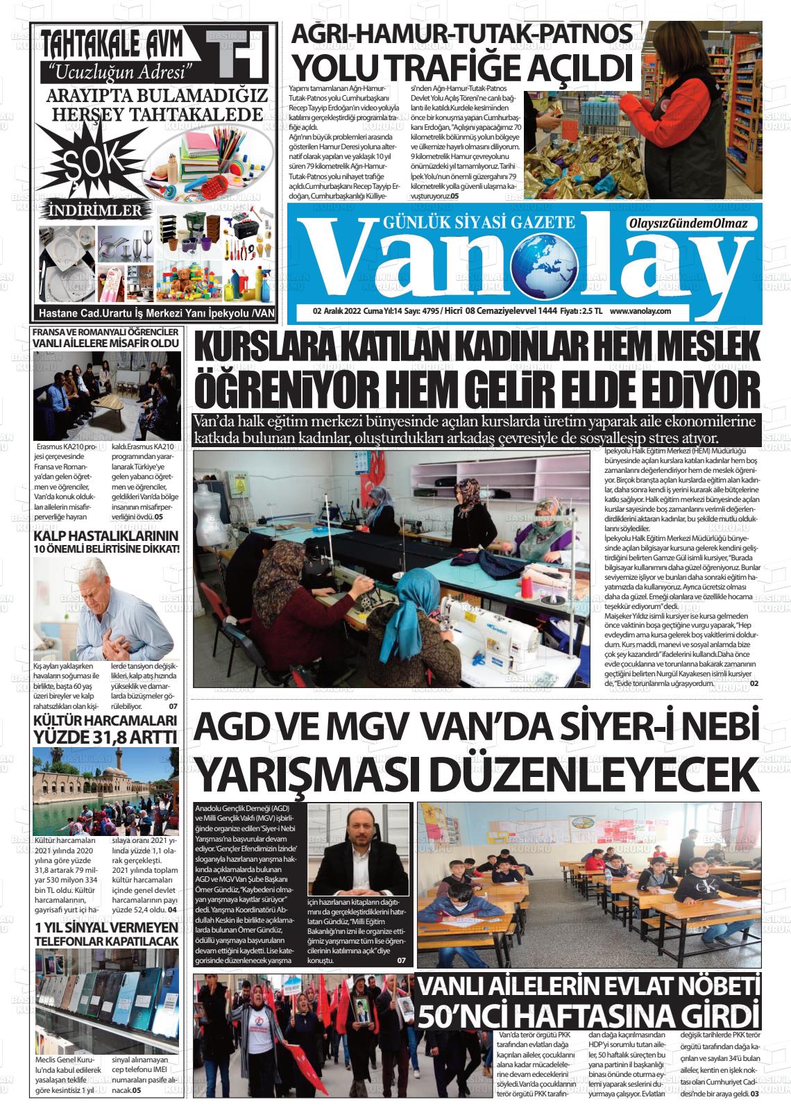 02 Aralık 2022 Van Olay Gazete Manşeti