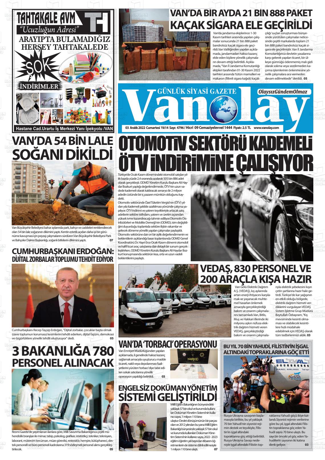 03 Aralık 2022 Van Olay Gazete Manşeti