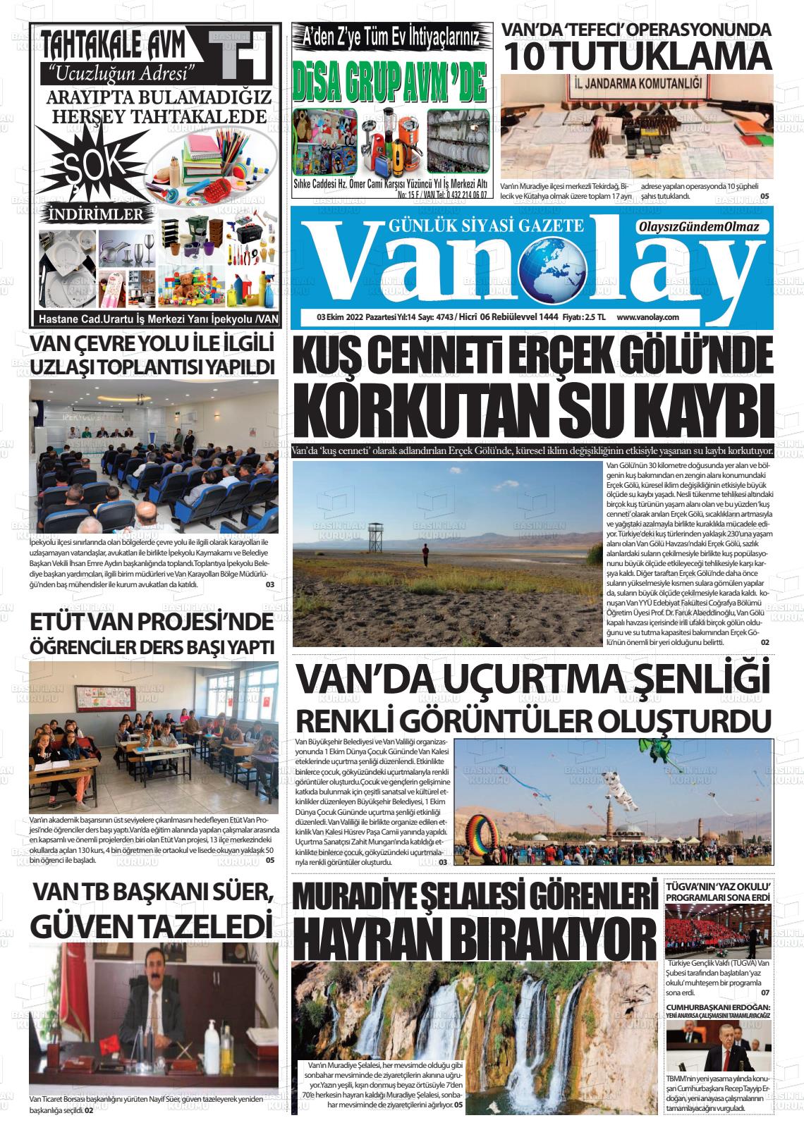 03 Ekim 2022 Van Olay Gazete Manşeti