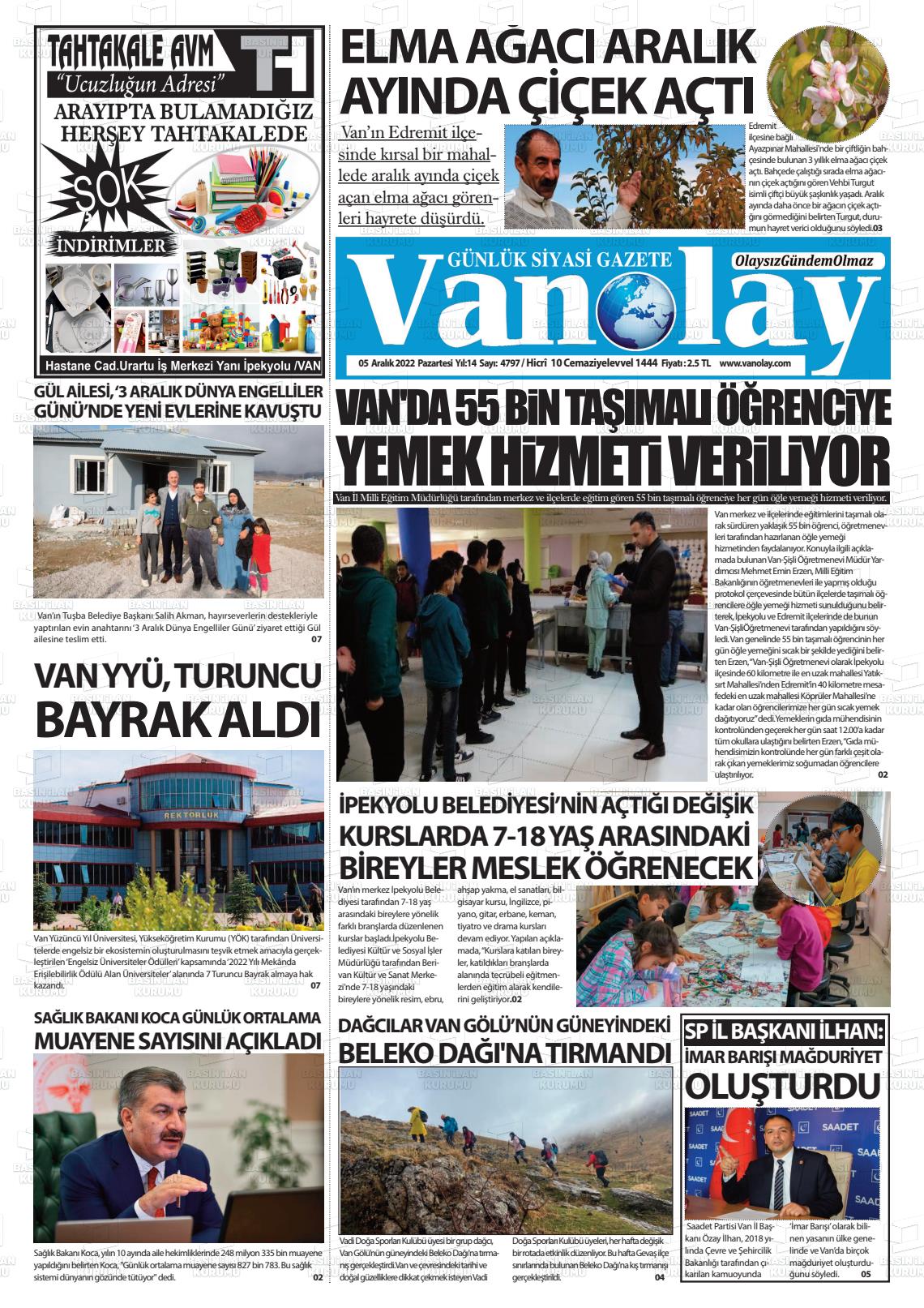 05 Aralık 2022 Van Olay Gazete Manşeti