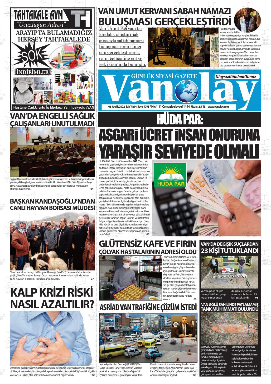06 Aralık 2022 Van Olay Gazete Manşeti