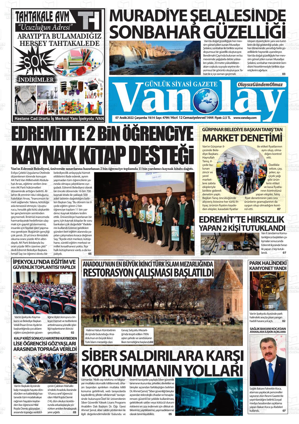 07 Aralık 2022 Van Olay Gazete Manşeti