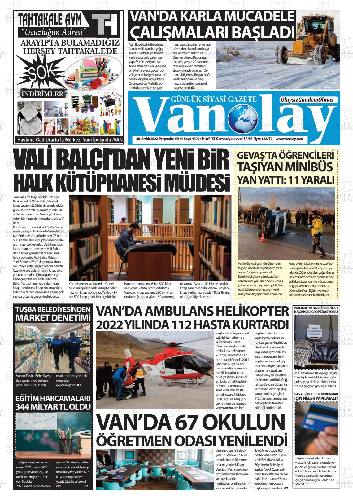 08 Aralık 2022 Van Olay Gazete Manşeti