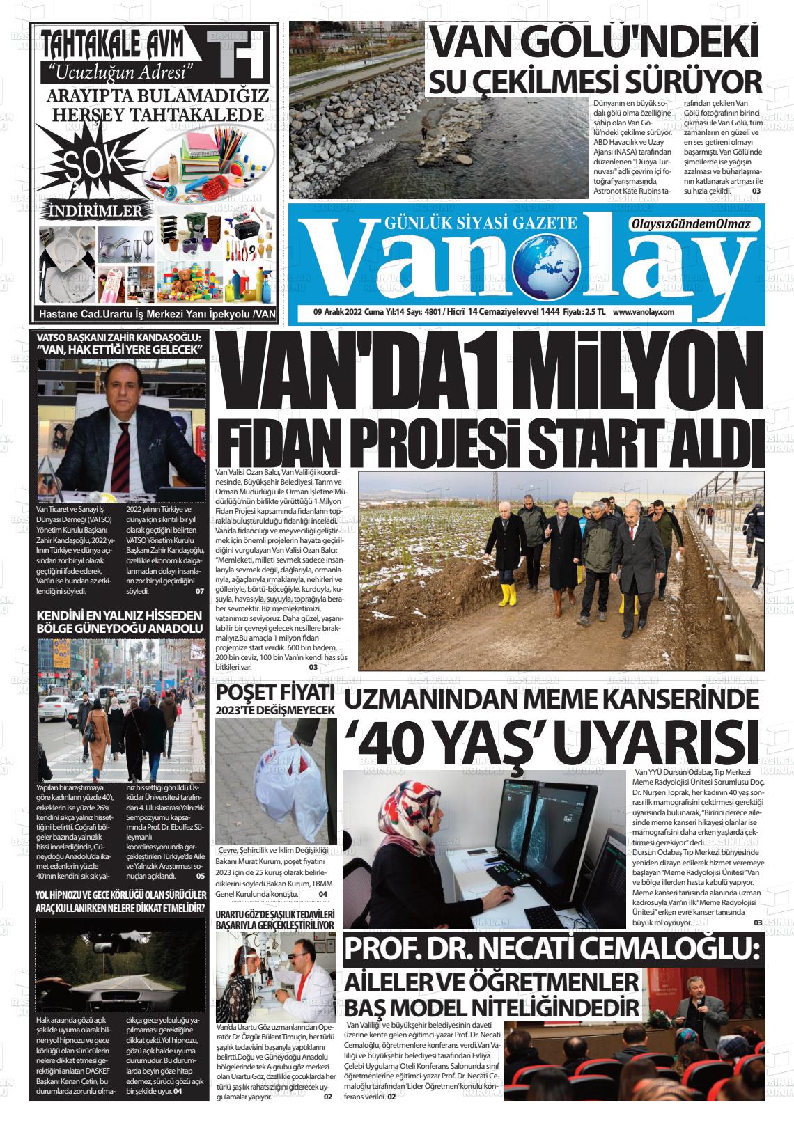 09 Aralık 2022 Van Olay Gazete Manşeti
