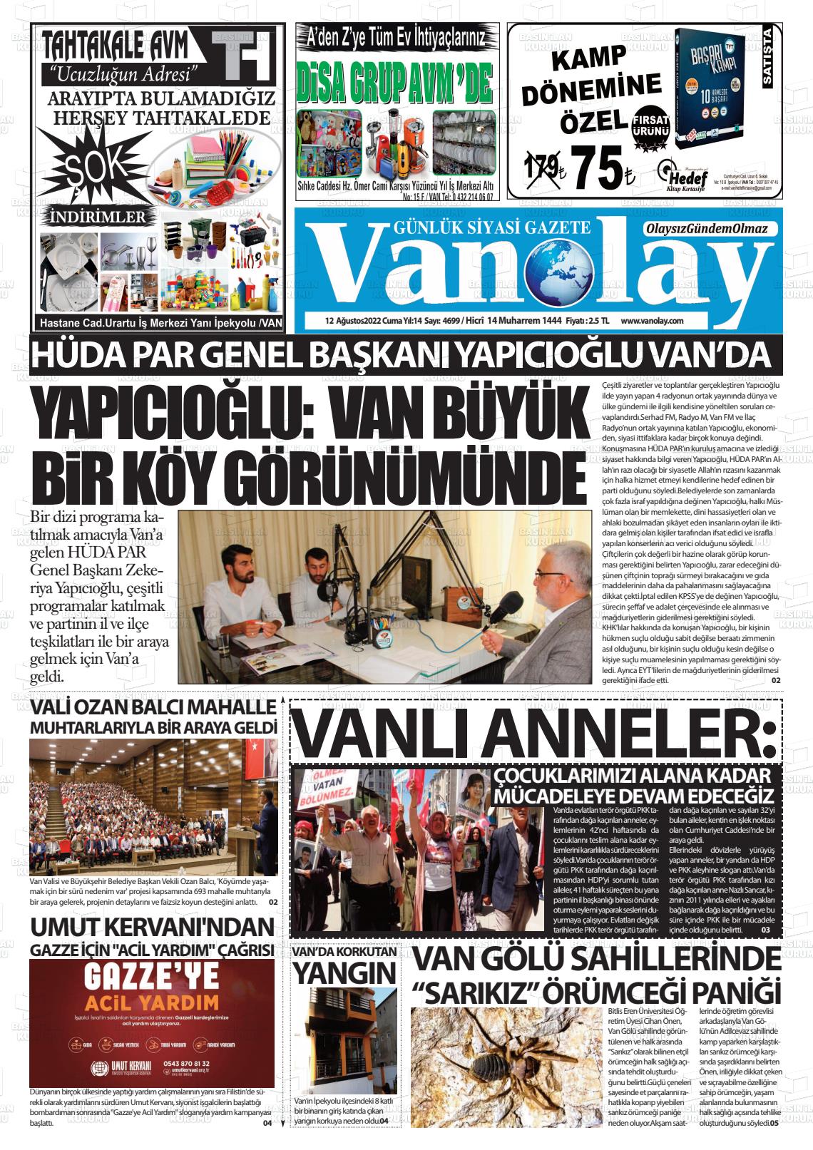 12 Ağustos 2022 Van Olay Gazete Manşeti