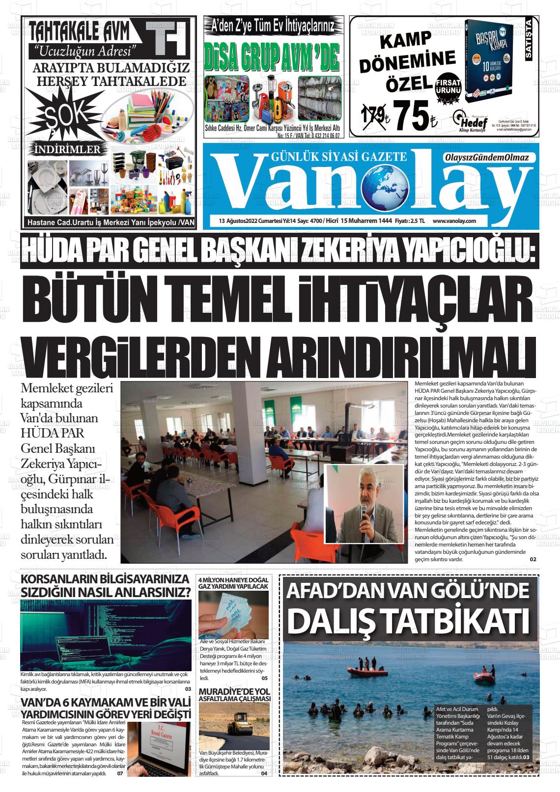 13 Ağustos 2022 Van Olay Gazete Manşeti