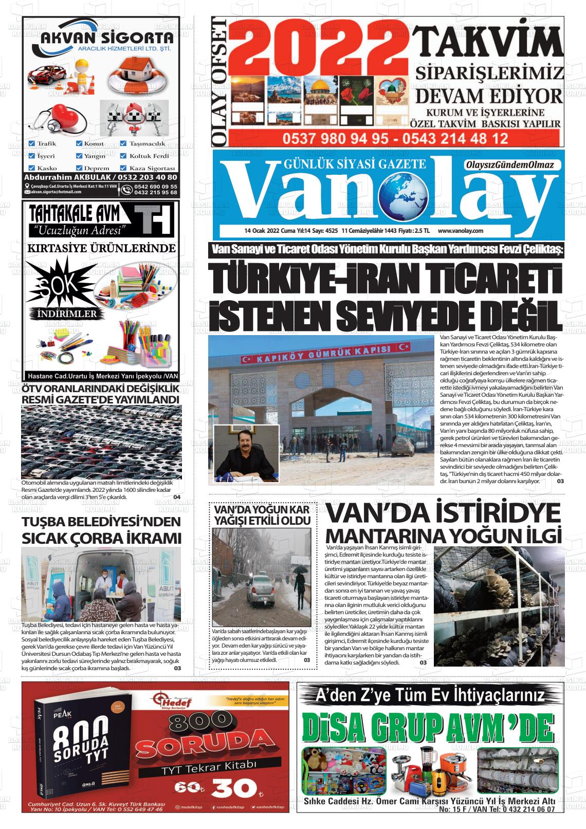 14 Ocak 2022 Van Olay Gazete Manşeti