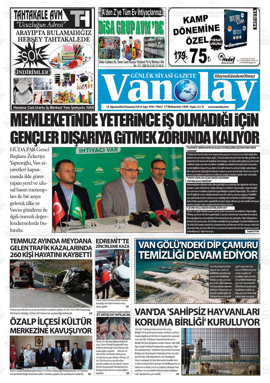 15 Ağustos 2022 Van Olay Gazete Manşeti