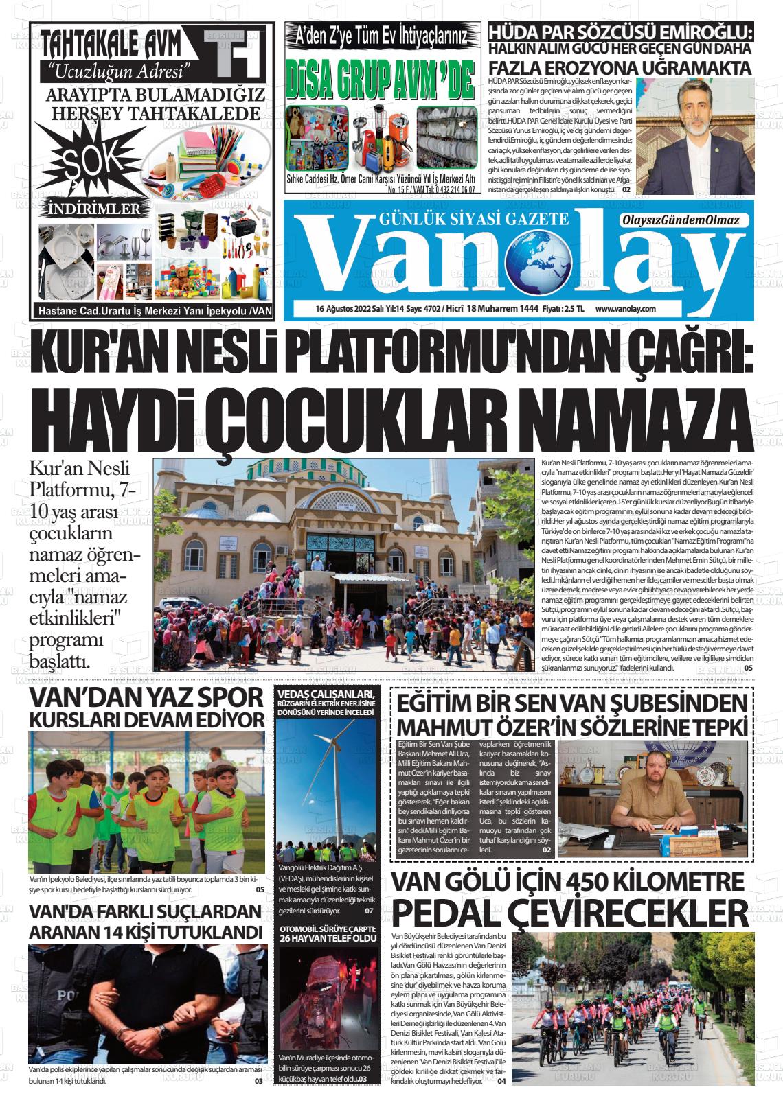 16 Ağustos 2022 Van Olay Gazete Manşeti