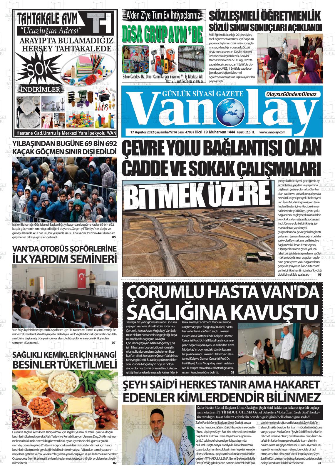 17 Ağustos 2022 Van Olay Gazete Manşeti