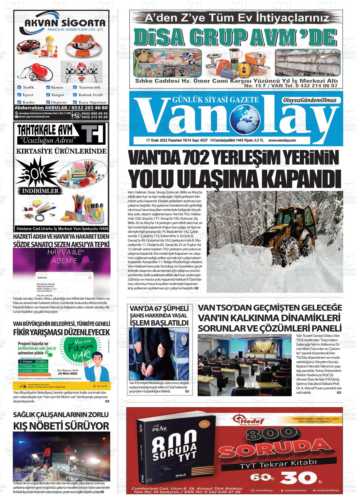 17 Ocak 2022 Van Olay Gazete Manşeti