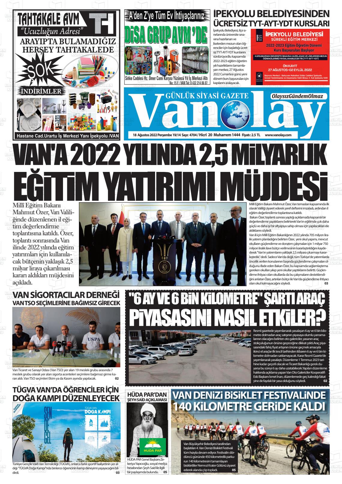 18 Ağustos 2022 Van Olay Gazete Manşeti