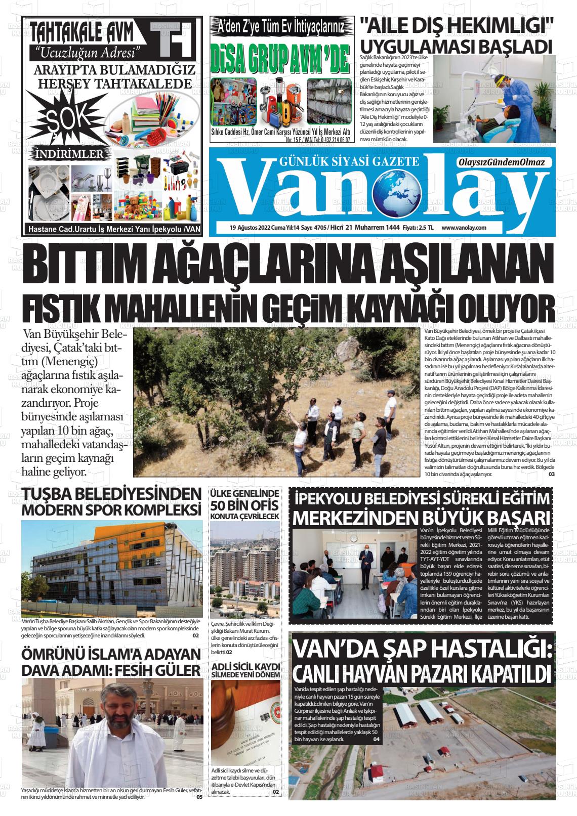 19 Ağustos 2022 Van Olay Gazete Manşeti
