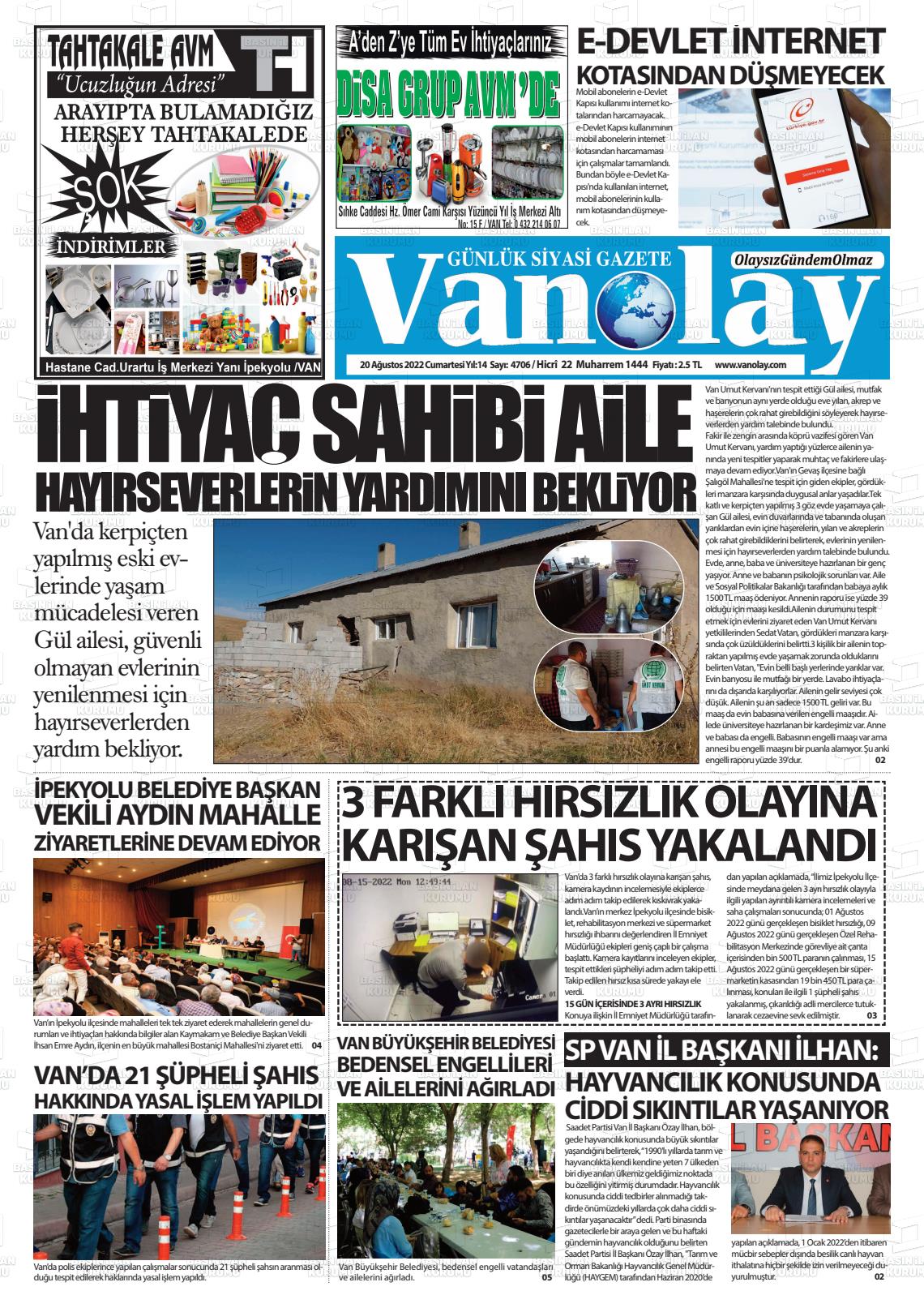 20 Ağustos 2022 Van Olay Gazete Manşeti