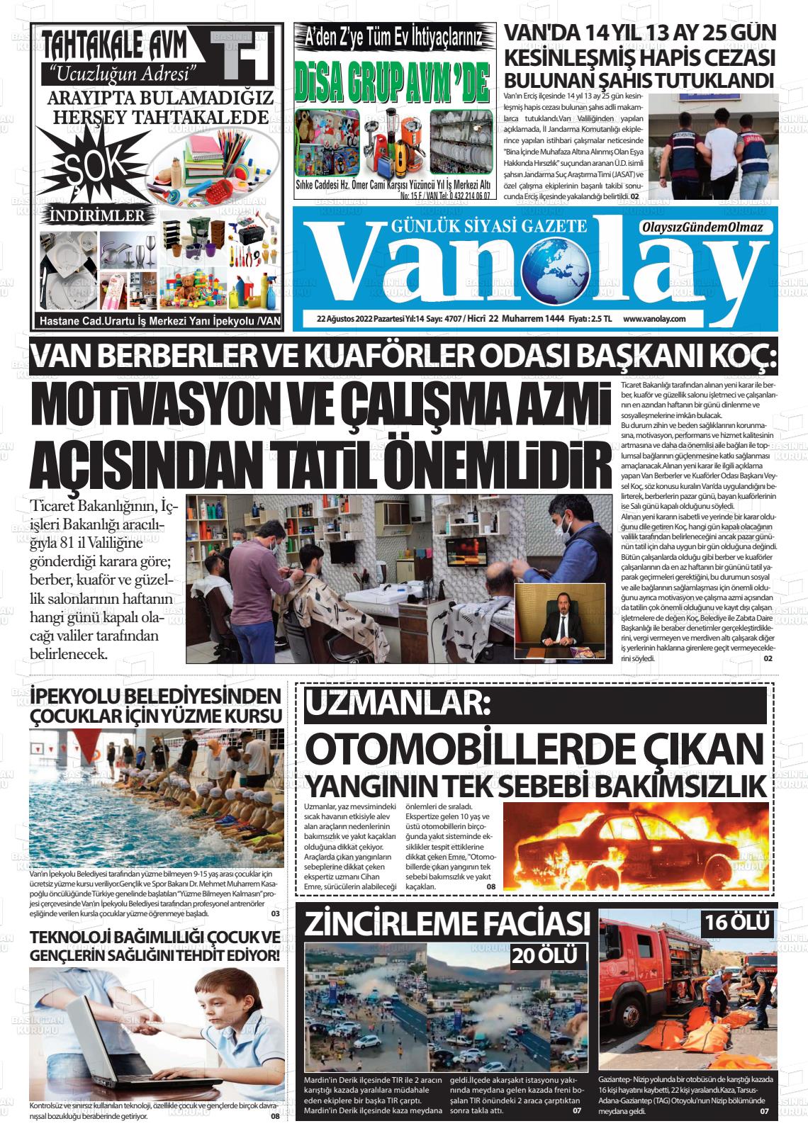 22 Ağustos 2022 Van Olay Gazete Manşeti