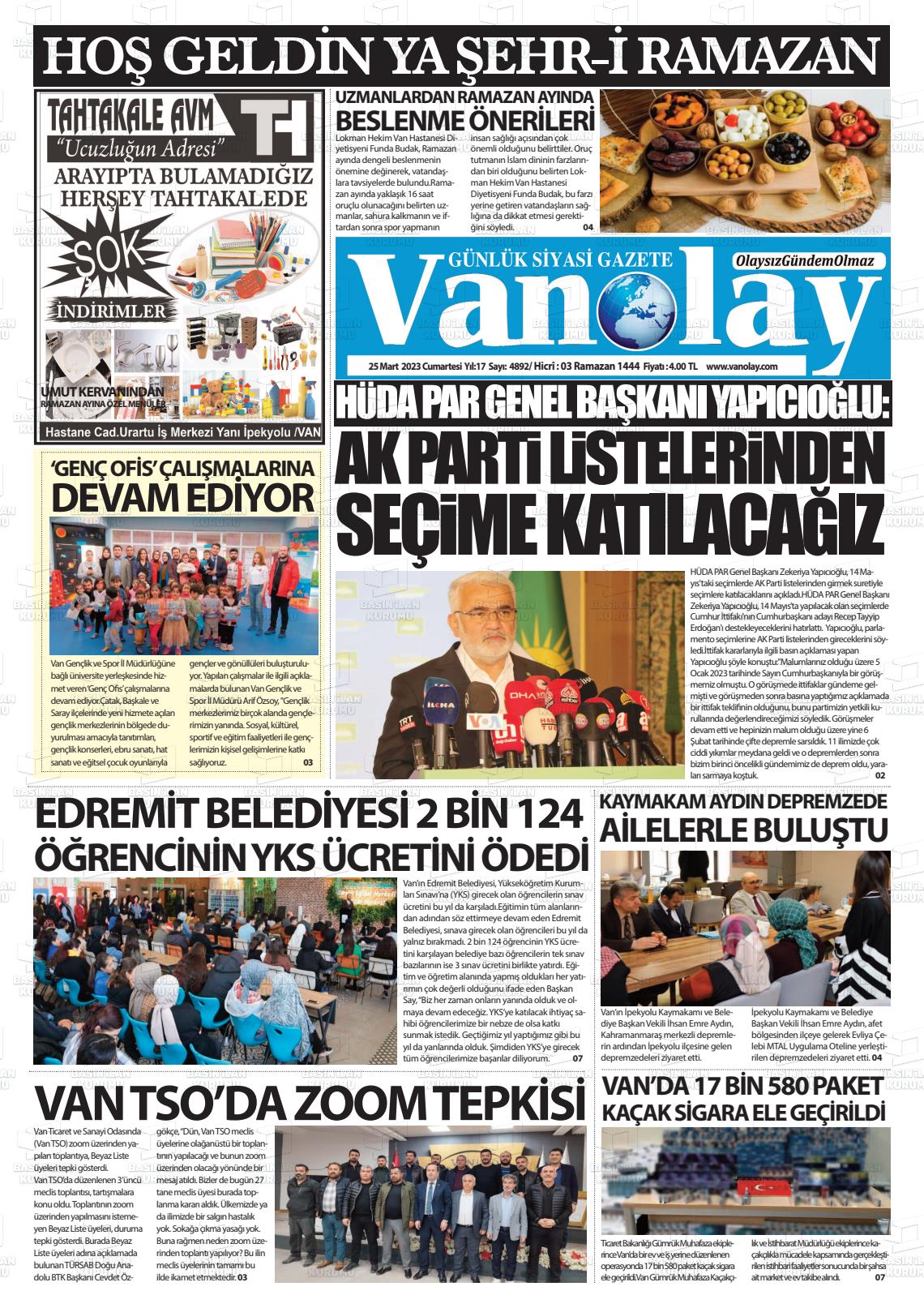 25 Mart 2023 Van Olay Gazete Manşeti