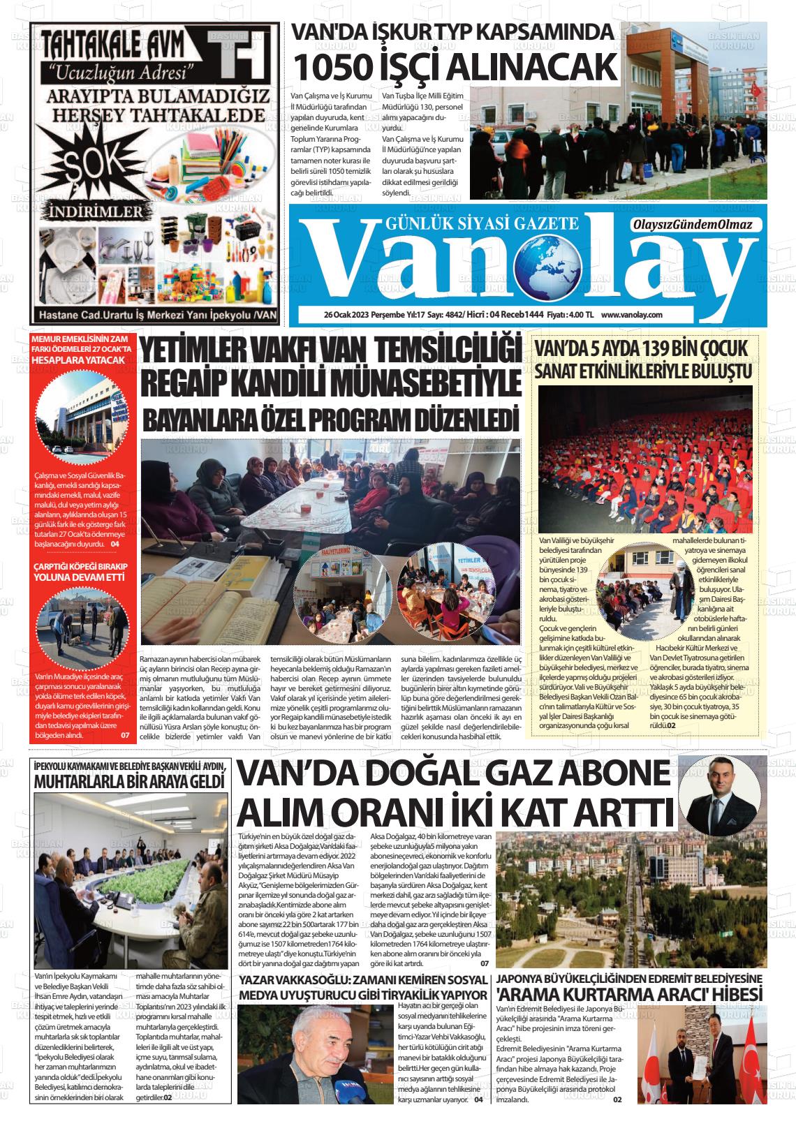 26 Ocak 2023 Van Olay Gazete Manşeti